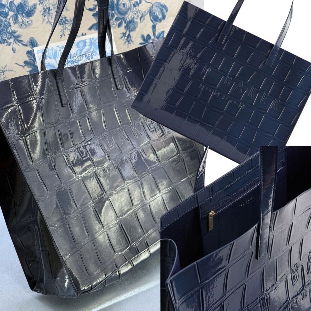 🆕 TED BAKER 🧿 NWOT Allicon Eco Leather Croc Icon Tote Bag, Dark Blue